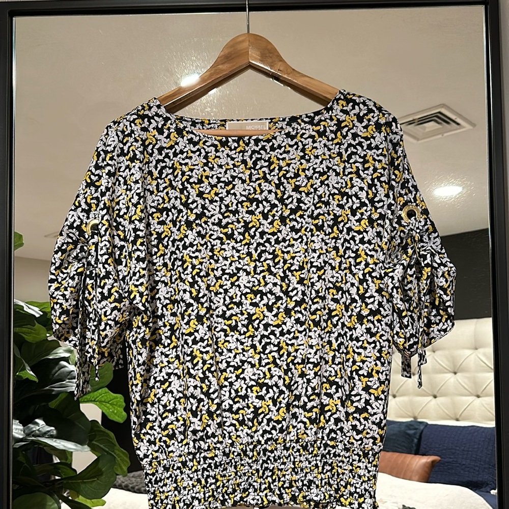 Michael Kors quarter sleeve blouse with elastic waistline and butterfly print